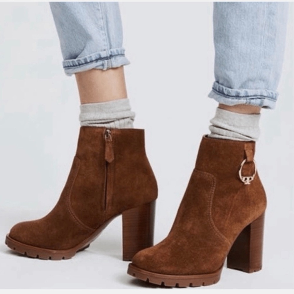 Tory Burch Sofia Brown Suede Chunk Heel Booties gold logo as 7.5